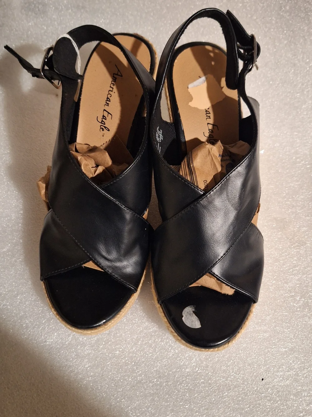 Women’s Black Leather Espadrille Wedge Sandals - Sleek Cross-Strap Design